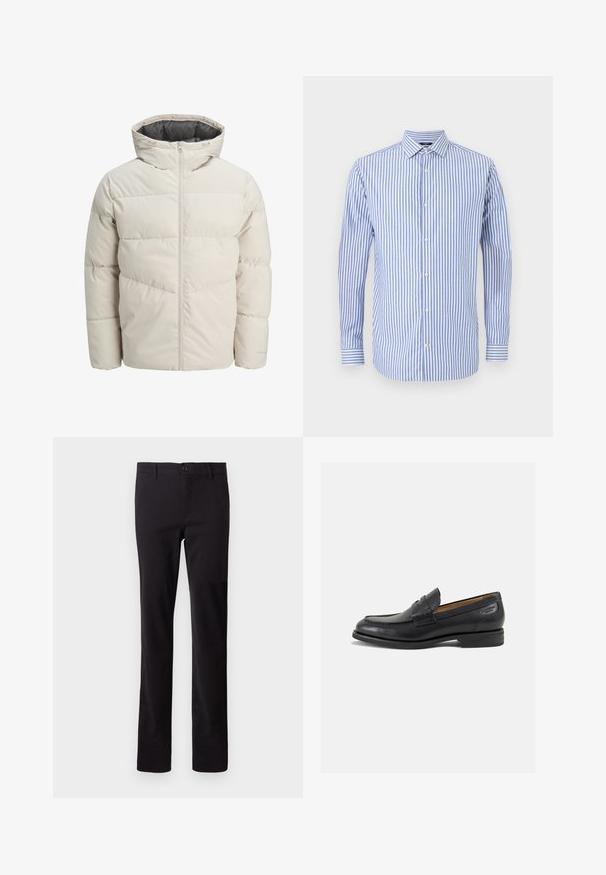 Zateplená bunda ve světle béžové barvě s vysokým límcem a zipovým uzávěrem. Obsahuje prošívaný design a elastické manžety. Lehce svršek.; Modrá a bílá pruhovaná button-up košile s límečkem, dlouhými rukávy a rovnými lemy. Měkká tkanina a klasický střih.; Černé kalhoty vyrobené z bavlněné směsové tkaniny; mají rovný střih a zapínání na přední knoflík. Žádné vzory ani ozdoby nejsou viditelné.; Černé kožené mokasíny s hladkým povrchem, zaoblenou špičkou a dekorativním prošíváním na svršku. Nízký podpatka a mírný lesk.