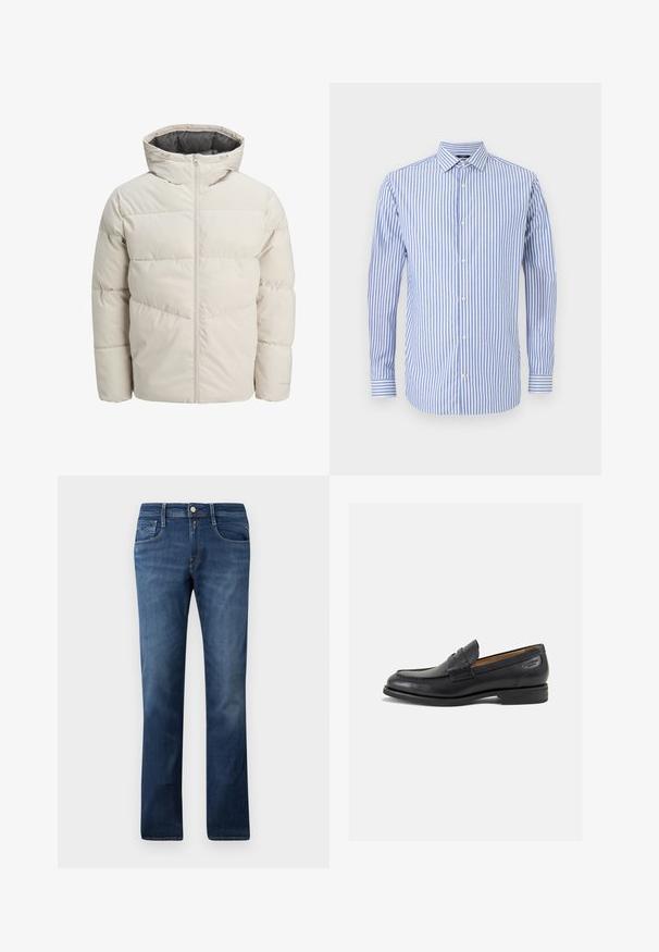 Pufota jaka gaišā bēžā krāsā ar augstu apkakli un rāvējslēdzēja aizdari. Iekļauj kviltotu dizainu un elastīgas aproces. Viegls audums.; Zila un balta svītraina krekls ar pogām, apkakli, garām piedurknēm un taisnu apakšmalu. Mīksta auduma un klasiskā fasonā.; Zilas džinsu bikses ar taisnu kāju dizainu, kurām ir priekšējās kabatas, rāvējslēdzēja aizdare un pogas aizdare. Vidēji izbalinātas.; Melnas ādas loafers ar gludu apdari, noapaļotu purngalu un dekoratīvām šuvēm uz virsu. Zems, sakrauta papēža un neliels spīdums.