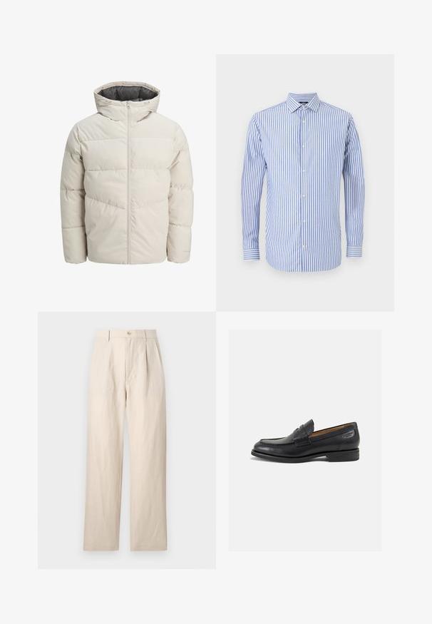 Zateplená bunda ve světle béžové barvě s vysokým límcem a zipovým uzávěrem. Obsahuje prošívaný design a elastické manžety. Lehce svršek.; Modrá a bílá pruhovaná button-up košile s límečkem, dlouhými rukávy a rovnými lemy. Měkká tkanina a klasický střih.; Krémové lněné kalhoty s volným střihem, které mají plochý přední díl, jedno tlačítko na zapínání a dvě kapsy. Zmačkaná textura přidává na detailu.; Černé kožené mokasíny s hladkým povrchem, zaoblenou špičkou a dekorativním prošíváním na svršku. Nízký podpatka a mírný lesk.