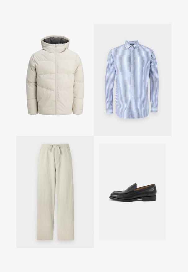 Veste matelassée de couleur beige clair avec un col montant et une fermeture éclair. Présente un design matelassé et des poignets élastiques. Tissu léger.; Chemise à rayures bleues et blanches, à boutonnage avec col, manches longues et ourlet droit. Tissu doux et coupe classique.; Pantalons larges de couleur gris clair, fabriqués en tissu doux et texturé. Dotés d'une taille élastique avec un cordon de serrage et de poches latérales.; Mocassins en cuir noir avec une finition lisse, bout rond et coutures décoratives sur la tige. Talon bas empilé et léger brillant.