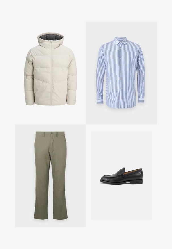 Párnázott dzseki világos bézs színben, magas gallérral és cipzáras záródással. Steppelt dizájn és rugalmas mandzsetta jellemzi. Könnyű anyag.; Kék és fehér csíkos gombos ing, gallérral, hosszú ujjal és egyenes aljjal. Puha anyagból készült klasszikus fazon.; Kényelmes, olajzöld nadrág, puha anyagból készült. Egyenes lábcutjával, elülső zsebeivel és gombos záródásával rendelkezik. Nincs látható minta.; Fekete bőr loaferek sima felülettel, lekerekített orral és díszítő varrással a lábfejen. Alacsony, réteges sarkú és enyhe fényű.