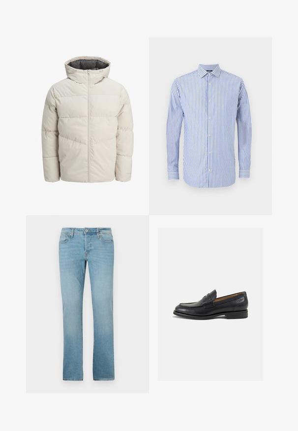 Valgebež väike paks jope kõrge kraega ja lukuga. Omab tikandit ja elastseid mansette. Kerge kangas.; Sinine ja valge triibuline nööbiga särk kraega, pika varrukaga ja sirge hemiga. Pehme kangas ja klassikaline lõige.; Heledad sinine teksaseelik, millel on sirge lõige, viis taskut, nööpkinni ja peene hägususega tekstuuri.; Mustad mustad nahast loafers, sujuva viimistlusega, ümar sirge ja dekoratiivne tikand peal. Madal ja kergelt kuhjatud konts ning kerge läige.