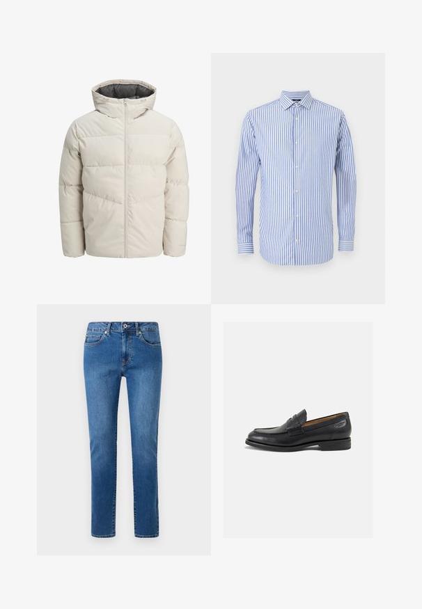 Chaqueta acolchada en color beige claro con un alto cuello y cierre de cremallera. Presenta un diseño acolchado y puños elásticos. Tejido ligero.; Camisa de botones a rayas azul y blanca con cuello, mangas largas y dobladillo recto. Tejido suave y corte clásico.; Jeans de mezclilla azul con un diseño de pierna recta, cinco bolsillos y cinturilla abotonada. Incluye detalles de costura a lo largo de las costuras.; Mocasines de cuero negro con un acabado suave, punta redondeada y costuras decorativas en la parte superior. Tacón bajo apilado y un ligero brillo.