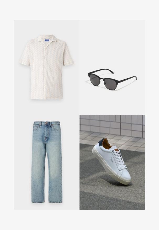 Leichte gepolsterte Jacke in hellbeige mit hohem Kragen und Reißverschluss. Verfügt über ein gestepptes Design und elastische Bündchen. Leichter Stoff.; Kurzarm-Hemd mit Knopfleiste in hellen Farben, mit einem Zickzackmuster, einem Kragen und fünf Vorderknöpfen. Gefertigt aus atmungsaktivem Stoff.; Hellblaue Jeans aus Denim mit geradem Bein, fünf Taschen und bronzener Hardware. Minimale Ausbleichungen mit einem sauberen Finish.; Weiße Ledersneaker mit navyfarbenem Fersenbereich, runder Zehenpartie und kontrastierenden braunen Akzenten. Verfügt über flache Schnürsenkel und eine strukturierte Gummisohle.; Schwarze Sonnenbrille mit runden Gläsern, matter Oberfläche und markanter Cat-Eye-Form. Schlanke Bügel mit dezenter Markenkennzeichnung am linken Schläfenstück.