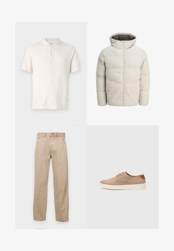 Podložena jakna v svetli bež barvi z visokim ovratnikom in zadrgo. Ima kvačkan vzorec in elastične manšete. Lahka tkanina.; Polo majica s kratkimi rokavi v off-white barvi, ki ima teksturirano tkanino, zapiranje na gumb in značilno obliko ovratnika. Preprost in vsestranski stil.; Beige jeans iz džinsa s ravnim nogavicama, ki imajo sprednje žepe, kovinsko zapiranje in subtilno teksturo.; Bež tkanine usnjene superge z zaobljenim nosom, vezalkami na sprednji strani in teksturiranim zadnjim detajlom. Belo gumijasto podplato zagotavlja kontrast. Enostaven in sodoben dizajn.