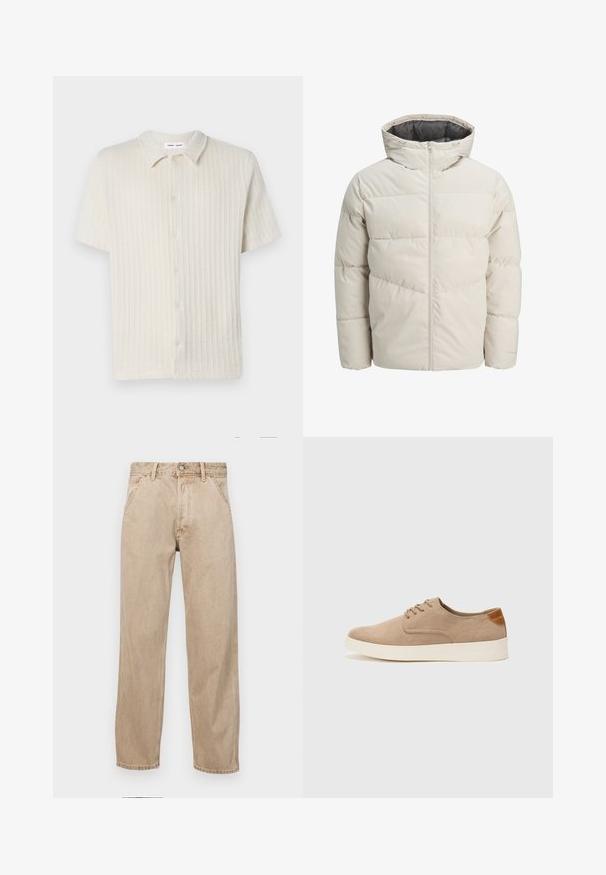 Polstret jakke i lys beige farve med høj krave og lynlås. Har et quiltet design og elastiske manchetter. Letvægtsstof.; Kortærmet, knap-op skjorte i lys beige med et struktureret ribbet mønster og en klassisk krave. Lavet af blødt, åndbart stof.; Beige denimjeans med lige bendesign, med forlommer, metalknaplukning og subtil struktur.; Beige ruskinds sneakers med rund tå, snørebånd foran og en struktureret rygdetalje. Hvid gummisål giver kontrast. Enkel og moderne design.