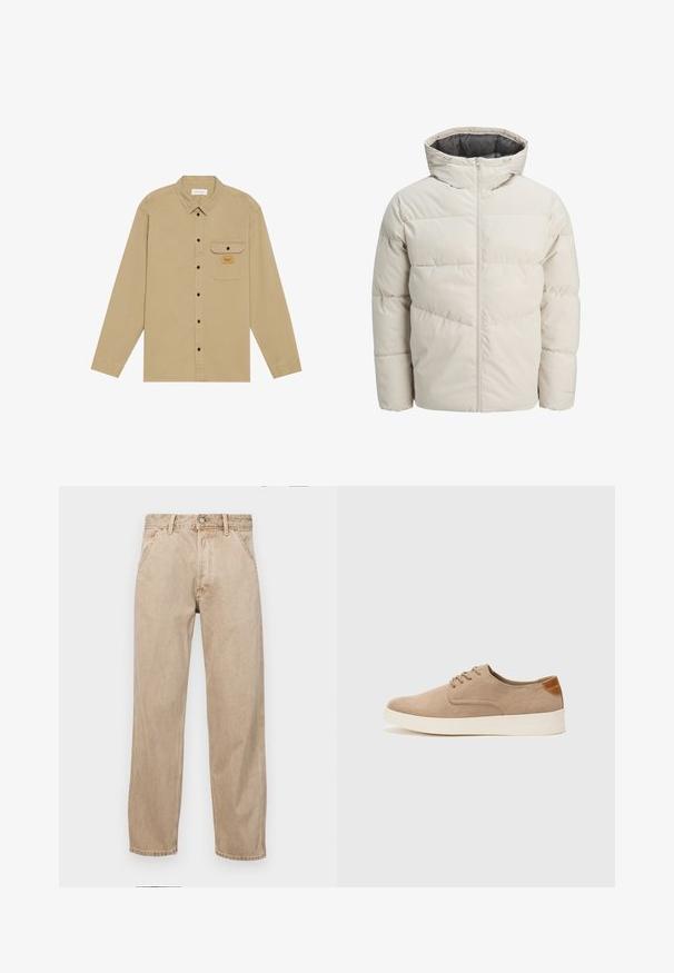 Vaatteet, joissa on vaahtomuovilla vuorattuja takkeja vaaleanbeige värissä, joissa on korkea kaulus ja vetoketjukiinnitys. Takissa on tikattu malli ja elastiset hihansuut. Kevyt kangas.; Beige pitkähihaine paita, joka on valmistettu puuvillasta. Paidassa on napillinen kaulus, mustat napit, rintatasku ja brändilogo taskussa.; Beige farkkuhousut suoranlahkeisella muotoilulla, joissa on etutaskut, metallinen nappisulku ja hillitty rakenne.; Beige nubuck-lenkkarit, joissa on pyöreä kärki, nauhakiinnitys ja teksturoitu takaosa. Valkoinen kumipohja tuo kontrastia. Yksinkertainen ja moderni muotoilu.