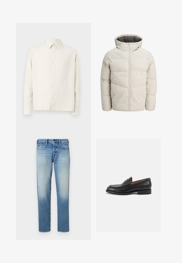 Jachetă captusită de culoare bej deschis, cu guler înalt și închidere cu fermoar. Prezintă un design matlasat și manșete elastice. Material ușor.; Cămașă din bumbac bej deschis, cu mânecă lungă, confecționată dintr-un material texturat. Prezentă un guler și închidere cu butoane în față, cu un tiv drept.; Jeans din denim de culoare albastru deschis, cu un finisaj uzat, picioare drepte, cinci buzunare și închidere cu nasture. Detaliile cusute și eticheta brandului se află pe spate.; Mocasini din piele neagră cu o finisare netedă, vârf rotund și cusături decorative pe partea superioară. Toc mic și stivuit, cu o ușoară strălucire.