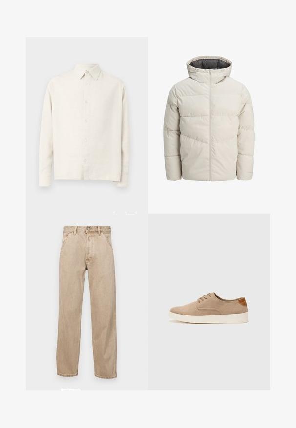 Padded striukė šviesiai bežinės spalvos su aukštu apykakliu ir užtrauktuku. Turi siuvinėtą dizainą ir elastingus rankogalius. Lengvas audinys.; Šviesiai smėlio spalvos ilgomis rankovėmis marškiniai, pagaminti iš tekstūruotos medžiagos. Turi apykaklės iškirptę ir priekį su sagų uždarymu, taip pat tiesų apatinį kraštą.; Smėlio spalvos džinsai su tiesia kojų siluetu, turintys priekinę kišenę, metalinį mygtuką ir subtilią tekstūrą.; Bežiniai zomšiniai sportbačiai su apvaliomis pirštų dalimis, raišteliais priekyje ir tekstūruotu užkulniu. Balta guma suteikia kontrastą. Paprastas ir modernus dizainas.