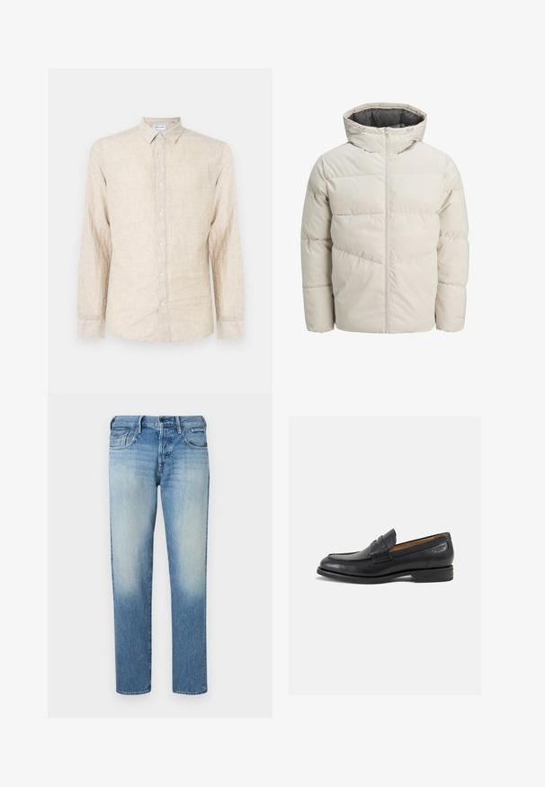 Casaco acolchoado em bege claro com gola alta e fecho de zip. Apresenta um design acolchoado e punhos elásticos. Tecido leve.; Camisa bege de manga longa feita de tecido texturizado, com colarinho clássico, fecho de botão e um ajuste descontraído.; Jeans de denim azul claro com acabamento desbotado, pernas de corte reto, cinco bolsos e fecho com botão. Detalhes de costura e etiqueta da marca na parte de trás.; Mocassins pretos de pele com um acabamento suave, bico redondo e costura decorativa no a parte superior. Salto baixo e empilhado com um ligeiro brilho.