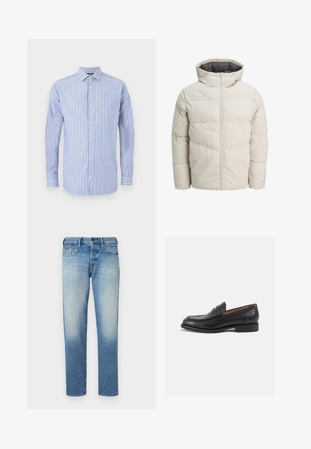 Padded striukė šviesiai bežinės spalvos su aukštu apykakliu ir užtrauktuku. Turi siuvinėtą dizainą ir elastingus rankogalius. Lengvas audinys.; Mėlynos ir baltos dryžuotos marškiniai su galu, ilgomis rankovėmis ir tiesiu apvadu. Minkšta medžiaga ir klasikinis siluetas.; Šviesiai mėlynos džinsinės kelnės su nusidėvėjusiu efektu, tiesios kirpimo kojos, penki kišenės ir mygtuko uždarymas. Siuvinėtos detalės ir prekės ženklo etiketė ant nugaros.; Juodi odiniai loafersai su lygiu paviršiumi, apvaliu pirštu ir dekoratyvine siūlė viršuje. Žemas sustiprintas kulnas ir lengvas blizgesys.
