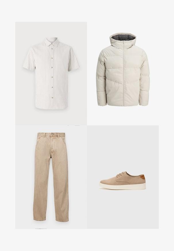 Padded jacket in light beige color with a high collar and zip closure. Features a quilted design and elastic cuffs. Lightweight fabric.; Short-sleeve shirt in a light beige fabric with thin vertical stripes. Includes a buttoned collar and five button front closure.; Beige denim jeans with a straight leg design, featuring front pockets, a metal button closure, and subtle texture.; Beige suede sneakers with a rounded toe, lace-up front, and a textured back accent. White rubber sole provides contrast. Simple and modern design.