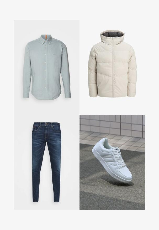Padded jacket in light beige color with a high collar and zip closure. Features a quilted design and elastic cuffs. Lightweight fabric.; Light blue button-up shirt made of textured fabric, featuring a pointed collar, long sleeves, and a small embroidered logo on the chest.; Dark blue denim jeans with a slim fit, subtle fade, five pockets, and a metal button closure. Stitched accents in contrasting color.; White athletic sneaker with smooth leather upper, lace-up front, perforated toe, and patterned sole. Minimalist design with three side stripes.