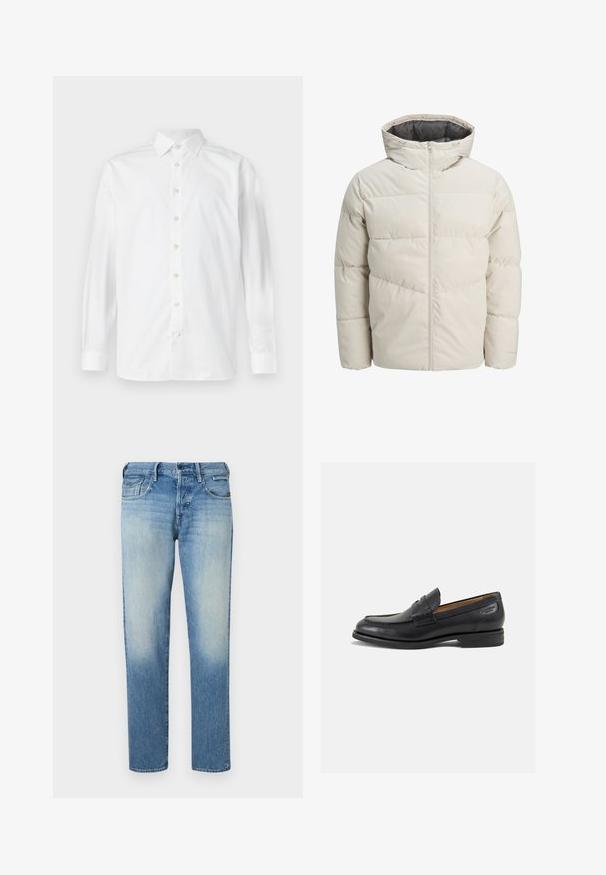 Párnázott dzseki világos bézs színben, magas gallérral és cipzáras záródással. Steppelt dizájn és rugalmas mandzsetta jellemzi. Könnyű anyag.; Fehér, hosszú ujjú ing klasszikus gallérral, gombos elülső résszel és finom textúrával, ívelt alsó résszel és gombbal zárható mandzsettákkal.; Világoskék farmernadrág, kopott hatású, egyenes szabású lábszárral, öt zsebbel és gombos zárással. Steppelt részletek és márkajelzés a hátsó részen.; Fekete bőr loaferek sima felülettel, lekerekített orral és díszítő varrással a lábfejen. Alacsony, réteges sarkú és enyhe fényű.