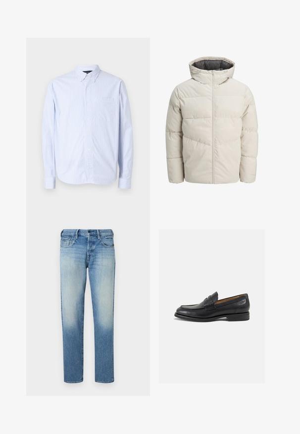 Leichte gepolsterte Jacke in hellbeige mit hohem Kragen und Reißverschluss. Verfügt über ein gestepptes Design und elastische Bündchen. Leichter Stoff.; Hemd mit Knopfleiste in hellblau und weißen vertikalen Streifen. Verfügt über einen Kragen, lange Ärmel und eine Brusttasche. Hergestellt aus gewebtem Stoff.; Hellblaue Jeans aus Denim mit einem verwitterten Finish, geradem Bein, fünf Taschen und Knopfverschluss. Gestickte Details und Markenetikett auf der Rückseite.; Schwarze Leder Slipper mit glatter Oberfläche, runder Spitze und dekorativer Naht auf dem Vorderblatt. Niedriger Blockabsatz und leichter Glanz.