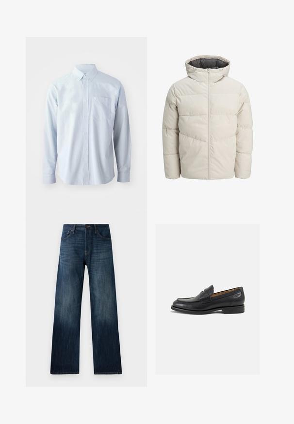 Zateplená bunda ve světle béžové barvě s vysokým límcem a zipovým uzávěrem. Obsahuje prošívaný design a elastické manžety. Lehce svršek.; Světle modrá košile s dlouhým rukávem z bavlny. Obsahuje límec na knoflíky, přední knoflíky a náprsní kapsu na levé straně.; Tmavě modré džíny s rovnými nohavicemi, mají lehkou texturu, poutka na pás a klasický pětipocket design.; Černé kožené mokasíny s hladkým povrchem, zaoblenou špičkou a dekorativním prošíváním na svršku. Nízký podpatka a mírný lesk.