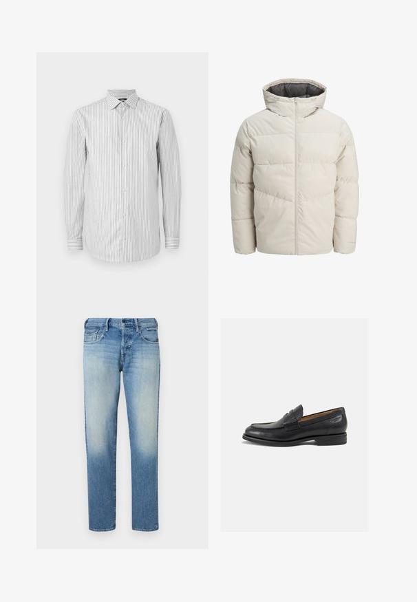 Casaco acolchoado em bege claro com gola alta e fecho de zip. Apresenta um design acolchoado e punhos elásticos. Tecido leve.; Camisa de vestido de mangas longas riscada em branco e cinza claro, com colarinho e fecho de botão, apresentando punhos risgados em contraste e uma textura suave.; Jeans de denim azul claro com acabamento desbotado, pernas de corte reto, cinco bolsos e fecho com botão. Detalhes de costura e etiqueta da marca na parte de trás.; Mocassins pretos de pele com um acabamento suave, bico redondo e costura decorativa no a parte superior. Salto baixo e empilhado com um ligeiro brilho.