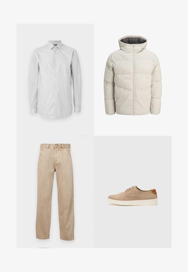 Gevoerde jas in lichtbeige kleur met een hoge kraag en ritssluiting. Heeft een gestikt design en elastische manchetten. Lichtgewicht stof.; Gestreepte langarm overhemd in wit en lichtgrijs, met kraag en knoopsluiting, voorzien van contrasterende gestreepte manchetten en een soepele textuur.; Beige denim jeans met een recht gesneden ontwerp, voorzien van voorzakken, een metalen knoopsluiting en een subtiele textuur.; Beige suède sneakers met een ronde neus, vetersluiting aan de voorkant en een getextureerde achteraccent. De witte rubberen zool zorgt voor contrast. Eenvoudig en modern ontwerp.