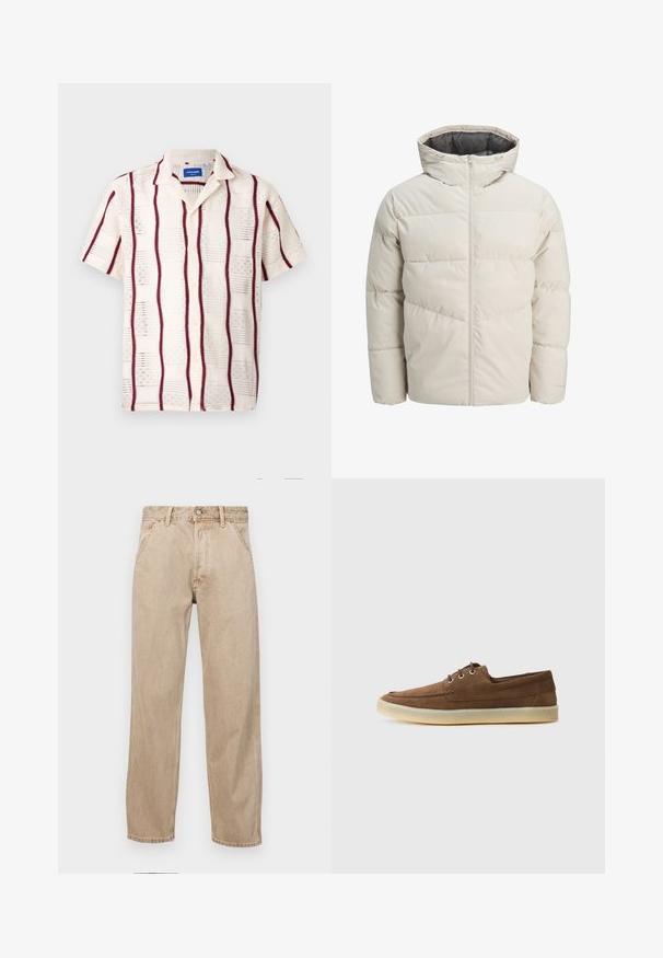 Polstret jakke i lys beige farge med høy krage og glidelås. Har en quiltet design og elastiske mansjetter. Lettvektstoff.; Kremfarget skjorte med kort erm, som har burgunder vertikale striper og et brodert mønster. Knappestolpe foran og krage med klipp.; Beige denimjeans med rett ben design, med frontlommer, metallknapplukking og subtil tekstur.; Brune semskede sko med lav profil, snøredesign, gummisåle og kontrasterende sømdetaljer. Enkelt og funksjonelt design.