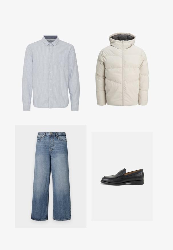 Pufota jaka gaišā bēžā krāsā ar augstu apkakli un rāvējslēdzēja aizdari. Iekļauj kviltotu dizainu un elastīgas aproces. Viegls audums.; Gaiši zils krekls ar vertikālām baltām svītrām, apkakles kakls, viena krūšu kabata un iespēja uzrullēt piedurknes. Kokvilnas audums.; Platas kājas zils džinsu bikses ar izbalējušu apdari, piecu kabatu dizains un pogu aizdare. Aprīkotas ar jostām un piešūtu detaļu.; Melnas ādas loafers ar gludu apdari, noapaļotu purngalu un dekoratīvām šuvēm uz virsu. Zems, sakrauta papēža un neliels spīdums.