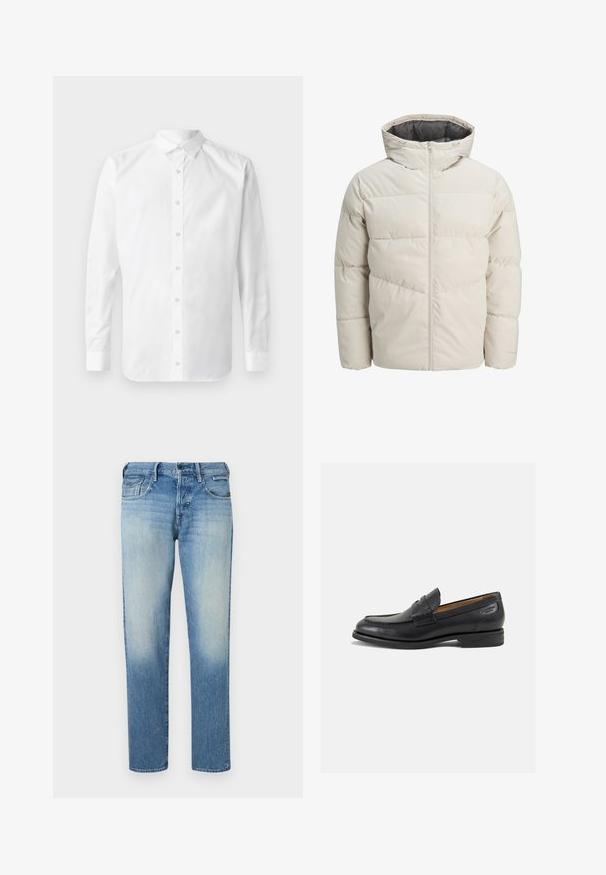 Pružná bunda svetlej béžovej farby s vysokým golierom a zipsom. Má prešívaný dizajn a elastické manžety. Ľahký materiál.; Biela košeľa s dlhým rukávom, zapínaním na gombíky a klasickým golierom, vyrobená z hladkého bavlneného materiálu.; Svetlomodré deninové džínsy s vyblednutým povrchom, rovný strih nohavíc, päť vreciek a gombíkovým zapínaním. Prešité detaily a značka na zadnej strane.; Čierne kožené mokasíny s hladkým povrchom, zaoblenou špičkou a dekoratívnym prešívaním na prednej časti. Nízky kokteilový opätok a jemný lesk.