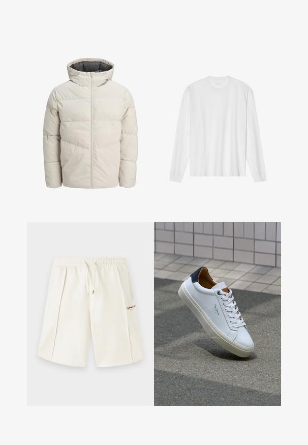 Veste matelassée de couleur beige clair avec un col montant et une fermeture éclair. Présente un design matelassé et des poignets élastiques. Tissu léger.; T-shirt en coton blanc à manches longues avec un col rond et des poignets côtelés. Design simple et sans ornements, avec une texture lisse et une coupe standard.; Shorts de couleur crème en tissu doux, dotés d'une taille élastique, d'un cordon de serrage, de poches latérales et d'un petit logo rouge sur le côté.; Sneaker en cuir blanc avec un talon bleu marine, bout rond et accents marron contrastés. Dispose de lacets plats et d'une semelle en caoutchouc texturée.