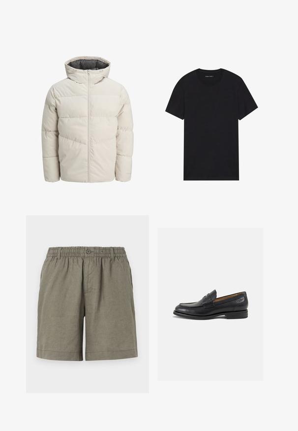 Padded jacket in light beige color with a high collar and zip closure. Features a quilted design and elastic cuffs. Lightweight fabric.; Black cotton t-shirt with short sleeves and a round neckline. The fabric has a smooth texture and a simple, solid design.; Khaki shorts in lightweight fabric with an elastic waistband and button closure. Features a straight leg design and rolled hem.; Black leather loafers with a smooth finish, rounded toe, and decorative stitching on the vamp. Low stacked heel and slight shine.