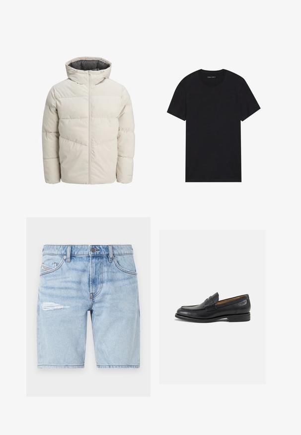 Vadderad jacka i ljusbeige färg med hög krage och dragkedjestängning. Har en quiltad design och elastiskaärmavslut. Lättviktsmaterial.; Svart bomullströja med korta ärmar och rund halsringning. Tyget har en slät yta och en enkel, enfärgad design.; Ljusblå denimshorts med en urtvättad look, med en rivning på vänstra låret och klassisk femfickdesign. Metallknapp stängning.; Svarta läder loafers med en slät ytfinish, rund tå och dekorativ sömnad på vampen. Låg staplad klack och lätt glans.