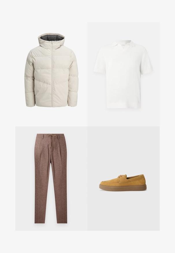 Párnázott dzseki világos bézs színben, magas gallérral és cipzáras záródással. Steppelt dizájn és rugalmas mandzsetta jellemzi. Könnyű anyag.; Fehér, rövid ujjú polo póló, texturált kötött mintával, V nyakkal és bordázott mandzsettákkal a feszes megjelenésért.; Barna, textúrált nadrág halszálka mintával, állítható derékkal és két elülső redővel. Egyenes szárú fazon.; Barna velúr slip-on cipők, texturált felülettel, kerek orral és kontrasztos gumi talppal. Finom márkajelzés található a sarok közelében.