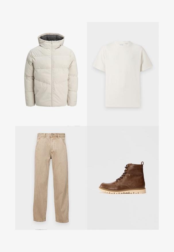 Padded jacket in light beige color with a high collar and zip closure. Features a quilted design and elastic cuffs. Lightweight fabric.; White short-sleeve T-shirt in a ribbed texture. Round neckline, relaxed fit, no visible patterns or accents. Simple and versatile design.; Beige denim jeans with a straight leg design, featuring front pockets, a metal button closure, and subtle texture.; Brown leather ankle boot with a textured finish, featuring round brown laces, a pull tab, and a light-colored rubber sole with grooves.