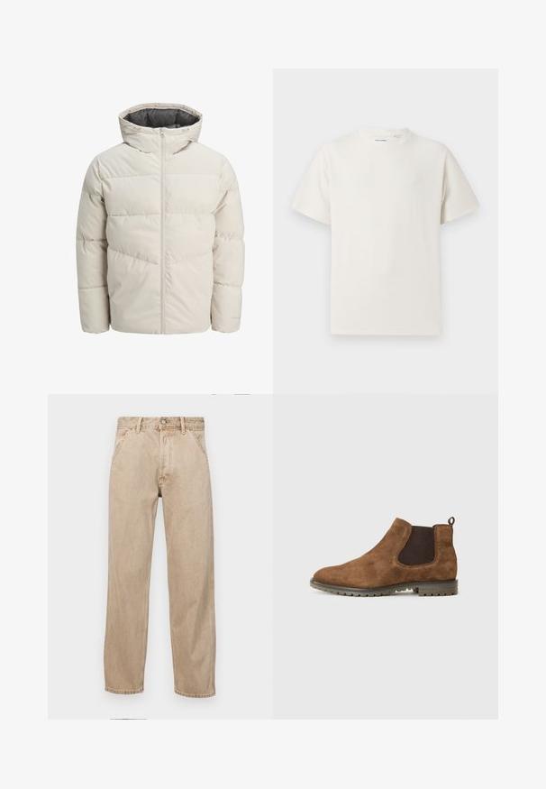 Pružná bunda svetlej béžovej farby s vysokým golierom a zipsom. Má prešívaný dizajn a elastické manžety. Ľahký materiál.; Biela krátka tričko s krátkym rukávom so žebrovanou textúrou. Okrúhly výstrih, uvoľnený strih, žiadne viditeľné vzory ani akcenty. Jednoduchý a všestranný dizajn.; Bežové denimové rifle so strihom rovného nohu, s prednými vreckami, kovovým zapínaním na gombík a jemnou textúrou.; Hnedé semišové Chelsea boot s elastickými bočnými panelmi, slučkou na ťahanie a textúrovanou gumovou podrážkou s drážkami pre trakciu.