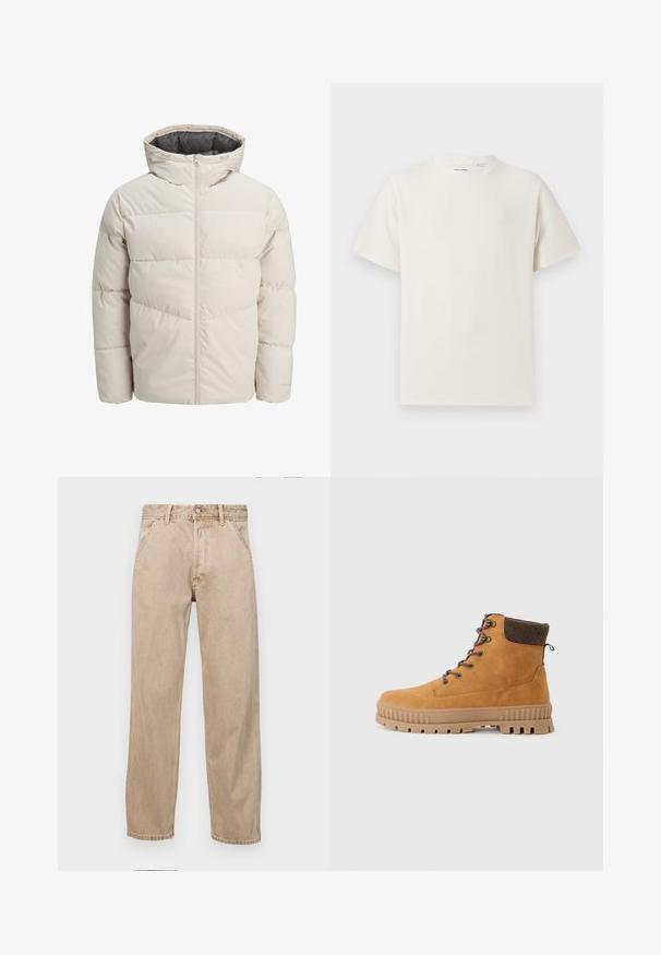 Leichte gepolsterte Jacke in hellbeige mit hohem Kragen und Reißverschluss. Verfügt über ein gestepptes Design und elastische Bündchen. Leichter Stoff.; Weißes T-Shirt mit kurzen Ärmeln in gerippter Textur. Runder Ausschnitt, lockere Passform, keine sichtbaren Muster oder Akzente. Einfaches und vielseitiges Design.; Beige Denim-Jeans mit geradem Beinschnitt, ausgestattet mit Vordertaschen, einem Metallknopfverschluss und feiner Textur.; Tansuede Stiefeletten mit einem strukturierten braunen Stoffkragen, braunen Schnürsenkeln, Metallösen und einer robusten Gummisohle mit tiefen Profilen.