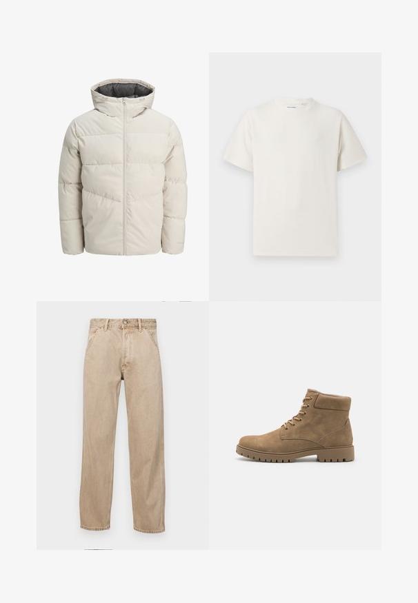 Leichte gepolsterte Jacke in hellbeige mit hohem Kragen und Reißverschluss. Verfügt über ein gestepptes Design und elastische Bündchen. Leichter Stoff.; Weißes T-Shirt mit kurzen Ärmeln in gerippter Textur. Runder Ausschnitt, lockere Passform, keine sichtbaren Muster oder Akzente. Einfaches und vielseitiges Design.; Beige Denim-Jeans mit geradem Beinschnitt, ausgestattet mit Vordertaschen, einem Metallknopfverschluss und feiner Textur.; Beige Wildlederschuhe mit einer abgerundeten Zehenpartie, gepolstertem Schaft, sechs Paar Ösen und einer dicken Gummisohle mit geriffelter Struktur.