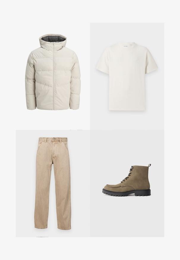 Leichte gepolsterte Jacke in hellbeige mit hohem Kragen und Reißverschluss. Verfügt über ein gestepptes Design und elastische Bündchen. Leichter Stoff.; Weißes T-Shirt mit kurzen Ärmeln in gerippter Textur. Runder Ausschnitt, lockere Passform, keine sichtbaren Muster oder Akzente. Einfaches und vielseitiges Design.; Beige Denim-Jeans mit geradem Beinschnitt, ausgestattet mit Vordertaschen, einem Metallknopfverschluss und feiner Textur.; Tansuede-Stiefel mit schwarzer Gummisohle, runder Zehenpartie, Schnürung vorne und kontrastierenden Nähten. Verfügt über eine Schlaufe an der Ferse für einfaches Anziehen.