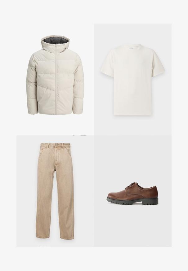 Veste matelassée de couleur beige clair avec un col montant et une fermeture éclair. Présente un design matelassé et des poignets élastiques. Tissu léger.; T-shirt blanc à manches courtes en texture côtelée. Encolure ronde, coupe décontractée, sans motifs ni accents visibles. Design simple et polyvalent.; Jeans en denim beige avec une coupe droite, dotés de poches avant, d'une fermeture à bouton en métal et d'une texture subtile.; Chaussure oxford en cuir marron avec une texture lisse, bout rond et semelle extérieure en caoutchouc noir avec un motif de semelle. Lacets fixés à l'avant.