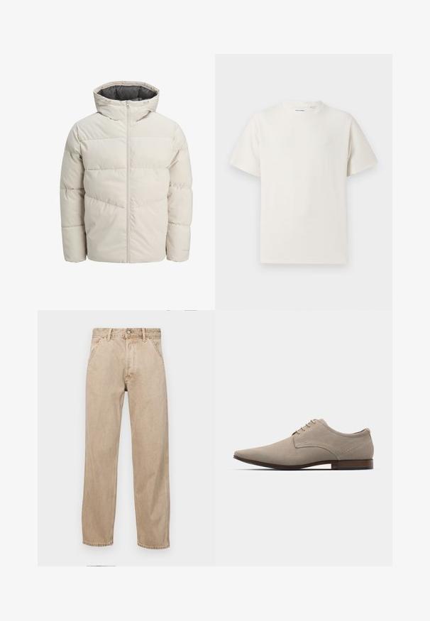 Padded jakna u svijetlosmeđoj boji s visokim ovratnikom i zatvaračem na munju. Ima kvadratni dizajn i elastične manžetne. Lagana tkanina.; Bijela kratka majica s kratkim rukavima u rebrastoj teksturi. Okrugli izrez, ležeran kroj, bez vidljivih uzoraka ili akcenta. Jednostavan i svestran dizajn.; Bež teksas traperice ravnog kroja, s prednjim džepovima, metalnim zakopčavanjem i suptilnom teksturom.; Bež cipele s čipkom od mekanog nubuka, s uskim vrhom, minimalno šivenje i drvenom petom. Glatka tekstura i jednostavan dizajn.