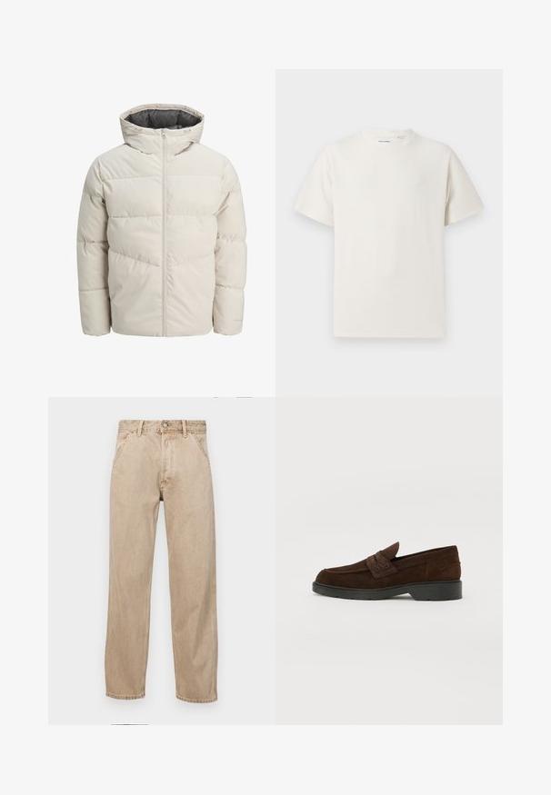Padded jakna u svijetlosmeđoj boji s visokim ovratnikom i zatvaračem na munju. Ima kvadratni dizajn i elastične manžetne. Lagana tkanina.; Bijela kratka majica s kratkim rukavima u rebrastoj teksturi. Okrugli izrez, ležeran kroj, bez vidljivih uzoraka ili akcenta. Jednostavan i svestran dizajn.; Bež teksas traperice ravnog kroja, s prednjim džepovima, metalnim zakopčavanjem i suptilnom teksturom.; Smeđi suede loaferi s okruglim vrhom i čvrstim crnim gumenim đonom. Imaju dekorativnu traku i šivanje na gornjem dijelu.