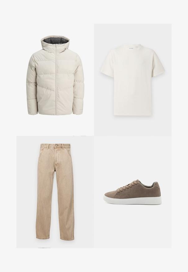 Padded jakna u svijetlosmeđoj boji s visokim ovratnikom i zatvaračem na munju. Ima kvadratni dizajn i elastične manžetne. Lagana tkanina.; Bijela kratka majica s kratkim rukavima u rebrastoj teksturi. Okrugli izrez, ležeran kroj, bez vidljivih uzoraka ili akcenta. Jednostavan i svestran dizajn.; Bež teksas traperice ravnog kroja, s prednjim džepovima, metalnim zakopčavanjem i suptilnom teksturom.; Smeđe ante cipele s ravnim bijelim gumennim potplatima, dizajnom s vezicama, zaobljenim vrhom i glatkom teksturom. Minimalistički stil s suptilnim detaljima šivanja.