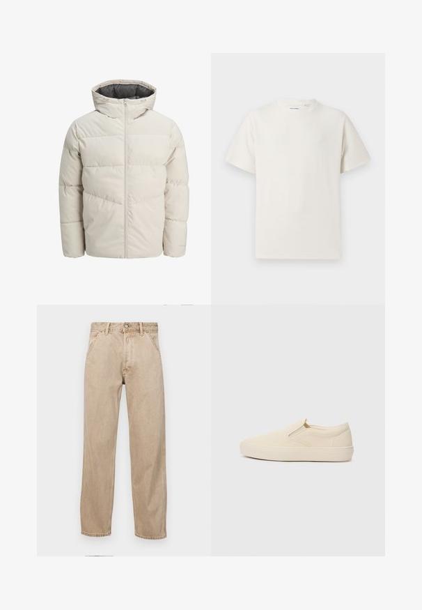 Leichte gepolsterte Jacke in hellbeige mit hohem Kragen und Reißverschluss. Verfügt über ein gestepptes Design und elastische Bündchen. Leichter Stoff.; Weißes T-Shirt mit kurzen Ärmeln in gerippter Textur. Runder Ausschnitt, lockere Passform, keine sichtbaren Muster oder Akzente. Einfaches und vielseitiges Design.; Beige Denim-Jeans mit geradem Beinschnitt, ausgestattet mit Vordertaschen, einem Metallknopfverschluss und feiner Textur.; Beige Slippers aus Canvas mit Gummisohle. Mit elastischen seitlichen Akzenten und glatter Textur. Einfaches, abgerundetes Design.