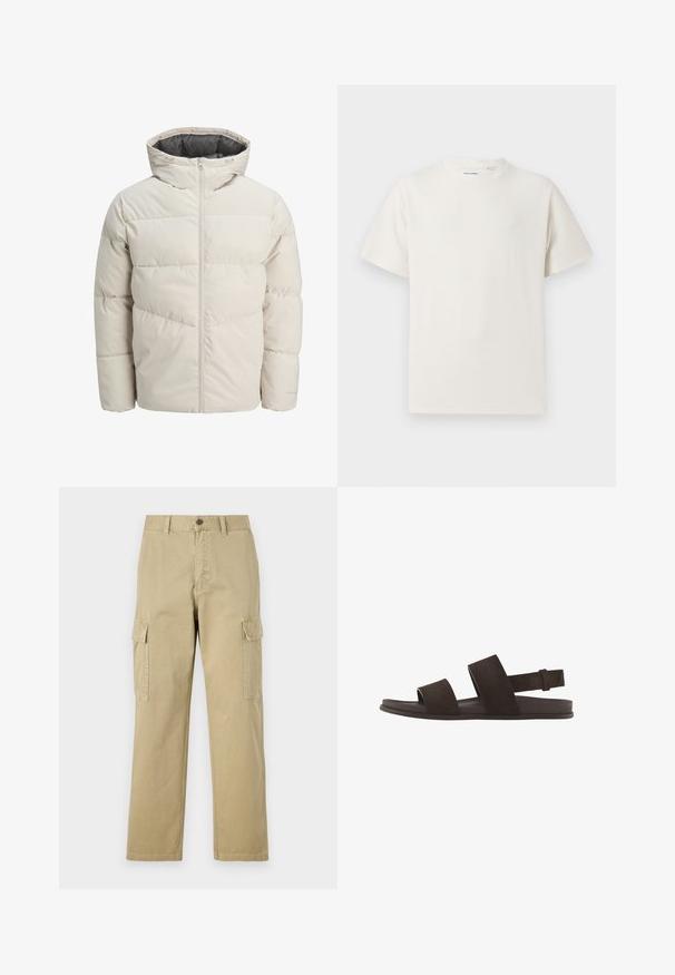 Padded jacket in light beige color with a high collar and zip closure. Features a quilted design and elastic cuffs. Lightweight fabric.; White short-sleeve T-shirt in a ribbed texture. Round neckline, relaxed fit, no visible patterns or accents. Simple and versatile design.; Beige cargo pants made of cotton, featuring two side pockets, a button closure, and straight legs with a slightly textured fabric.; Brown suede sandals with two wide straps and a back strap; flat sole; minimalist design; smooth texture; casual style.