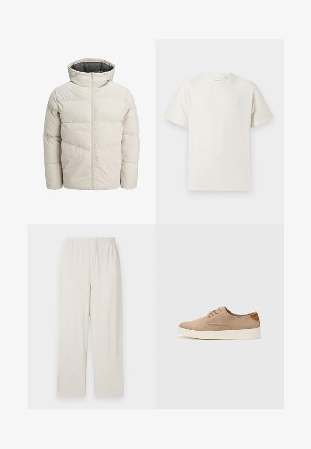 Padded jacket in light beige color with a high collar and zip closure. Features a quilted design and elastic cuffs. Lightweight fabric.; White short-sleeve T-shirt in a ribbed texture. Round neckline, relaxed fit, no visible patterns or accents. Simple and versatile design.; Beige ribbed wide-leg trousers with an elastic waistband. Features vertical stripes and a soft, textured fabric.; Beige suede sneakers with a rounded toe, lace-up front, and a textured back accent. White rubber sole provides contrast. Simple and modern design.