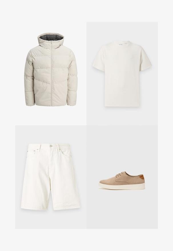 Padded jacket in light beige color with a high collar and zip closure. Features a quilted design and elastic cuffs. Lightweight fabric.; White short-sleeve T-shirt in a ribbed texture. Round neckline, relaxed fit, no visible patterns or accents. Simple and versatile design.; White denim shorts with a straight cut, featuring belt loops, a zip fly, and two front pockets. Smooth texture and simple design.; Beige suede sneakers with a rounded toe, lace-up front, and a textured back accent. White rubber sole provides contrast. Simple and modern design.