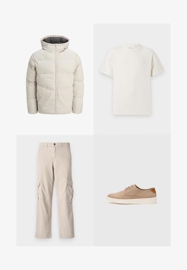 Padded jacket in light beige color with a high collar and zip closure. Features a quilted design and elastic cuffs. Lightweight fabric.; White short-sleeve T-shirt in a ribbed texture. Round neckline, relaxed fit, no visible patterns or accents. Simple and versatile design.; Beige corduroy cargo pants with two side pockets, a button closure, and a wide-leg cut; features vertical ribbing texture.; Beige suede sneakers with a rounded toe, lace-up front, and a textured back accent. White rubber sole provides contrast. Simple and modern design.