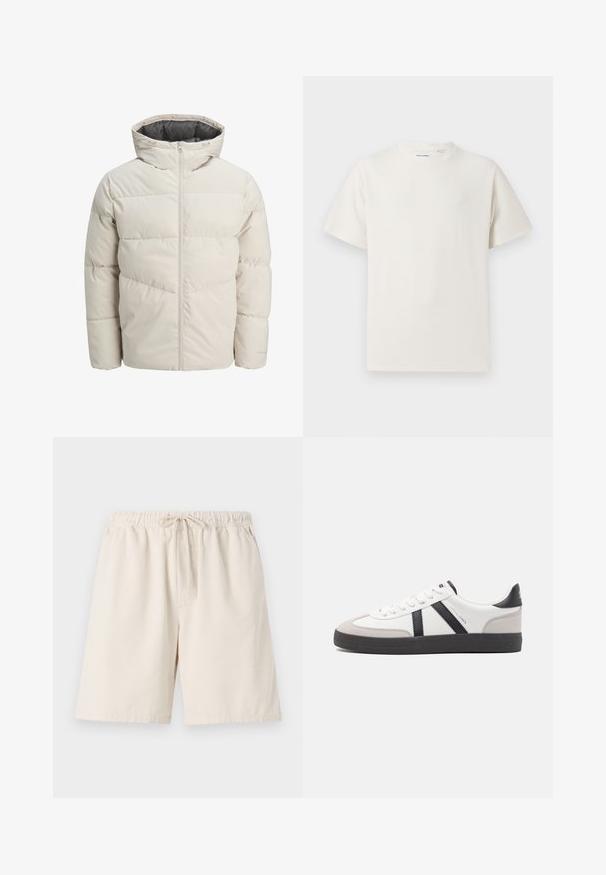 Leichte gepolsterte Jacke in hellbeige mit hohem Kragen und Reißverschluss. Verfügt über ein gestepptes Design und elastische Bündchen. Leichter Stoff.; Weißes T-Shirt mit kurzen Ärmeln in gerippter Textur. Runder Ausschnitt, lockere Passform, keine sichtbaren Muster oder Akzente. Einfaches und vielseitiges Design.; Helle beigefarbene Rippshorts mit elastischem Bund und Kordelzug. Mit seitlichen Taschen und lockerer Passform. Material aus Baumwollmischung.; Weiße Sneaker mit schwarz- und grau-aczenten, ausgestattet mit einer strukturierten grauen Zehenkappe, schwarzer Gummi-Sohle und flachen weißen Schnürsenkeln. Sauberes Design, minimalistische Stil.