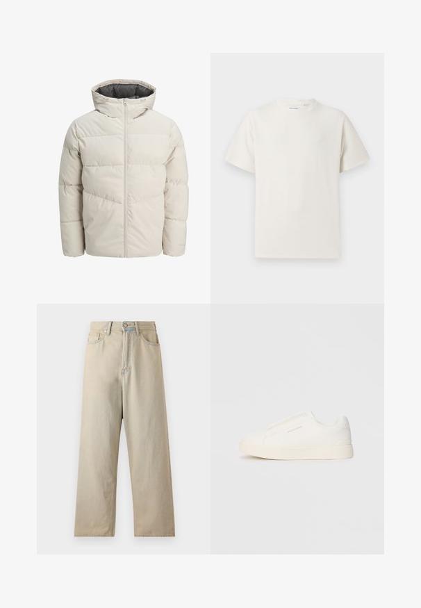 Podložena jakna v svetli bež barvi z visokim ovratnikom in zadrgo. Ima kvačkan vzorec in elastične manšete. Lahka tkanina.; Bela majica s kratkimi rokavi iz rebraste tkanine. Okrogli izrez, sproščen kroj, brez vidnih vzorcev ali naglasov. Preprosta in vsestranska zasnova.; Svetlo bež široke jeans hlače z visokim pasom, narejene iz denima. Imajo klasičen pet-pocket stil in subtilno bledenje.; Bele zapete brez vezalk z teksturirano površino, debelim podplatom in minimalističnim dizajnom. Na strani se nahaja logotip blagovne znamke.
