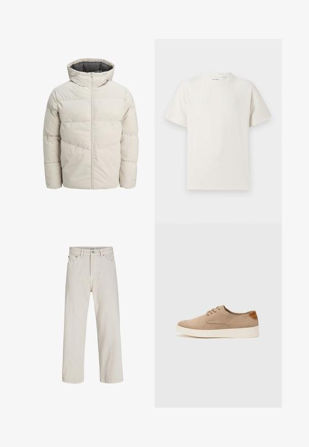 Giacca imbottita di colore beige chiaro con colletto alto e chiusura con zip. Presenta un design trapuntato e polsini elasticizzati. Tessuto leggero.; T-shirt bianca a maniche corte in texture a coste. Girocollo, vestibilità rilassata, senza modelli o accenti visibili. Design semplice e versatile.; Pantaloni in denim beige chiaro con taglio dritto, dotati di tasche frontali, chiusura con bottone e dettagli di cucitura discreti.; Sneaker in suede beige con punta arrotondata, stringhe davanti e un accento testurizzato sul retro. La suola in gomma bianca offre un contrasto. Design semplice e moderno.