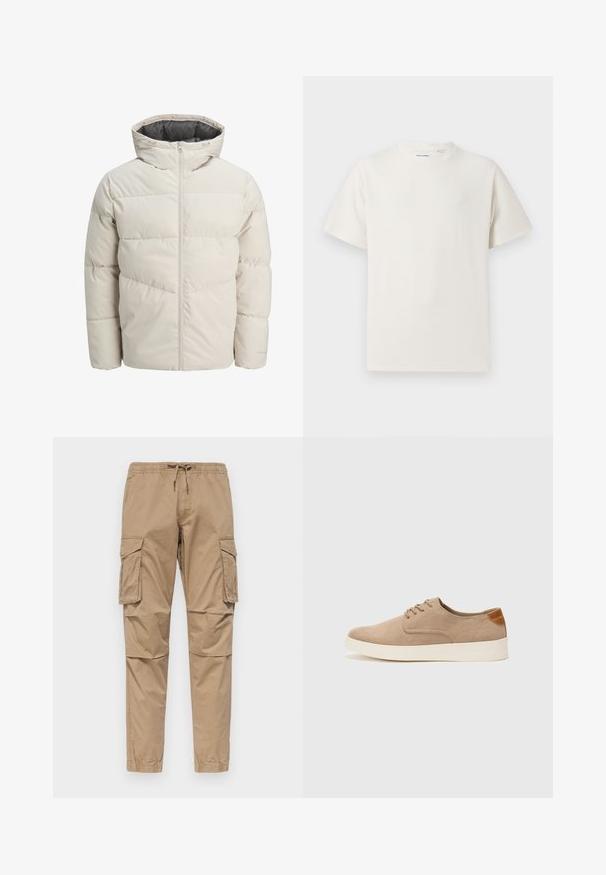 Padded jacket in light beige color with a high collar and zip closure. Features a quilted design and elastic cuffs. Lightweight fabric.; White short-sleeve T-shirt in a ribbed texture. Round neckline, relaxed fit, no visible patterns or accents. Simple and versatile design.; Beige cargo pants made of cotton, featuring an elastic waistband with drawstring, side pockets, and tapered legs with cuffed hems.; Beige suede sneakers with a rounded toe, lace-up front, and a textured back accent. White rubber sole provides contrast. Simple and modern design.
