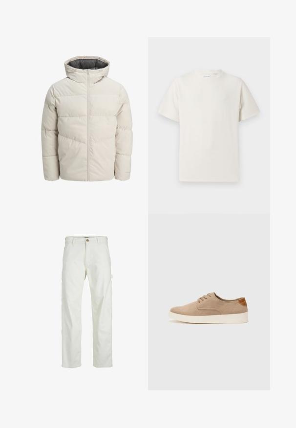 Gevoerde jas in lichtbeige kleur met een hoge kraag en ritssluiting. Heeft een gestikt design en elastische manchetten. Lichtgewicht stof.; Witte korte mouwen T-shirt met ribbelstructuur. Ronde hals, ontspannen pasvorm, geen zichtbare patronen of accenten. Eenvoudig en veelzijdig ontwerp.; Witte cargobroek met een ontspannen pasvorm, een voorknoopsluiting en meerdere zakken aan de zijkanten, gemaakt van duurzaam katoen. ; Beige suède sneakers met een ronde neus, vetersluiting aan de voorkant en een getextureerde achteraccent. De witte rubberen zool zorgt voor contrast. Eenvoudig en modern ontwerp.