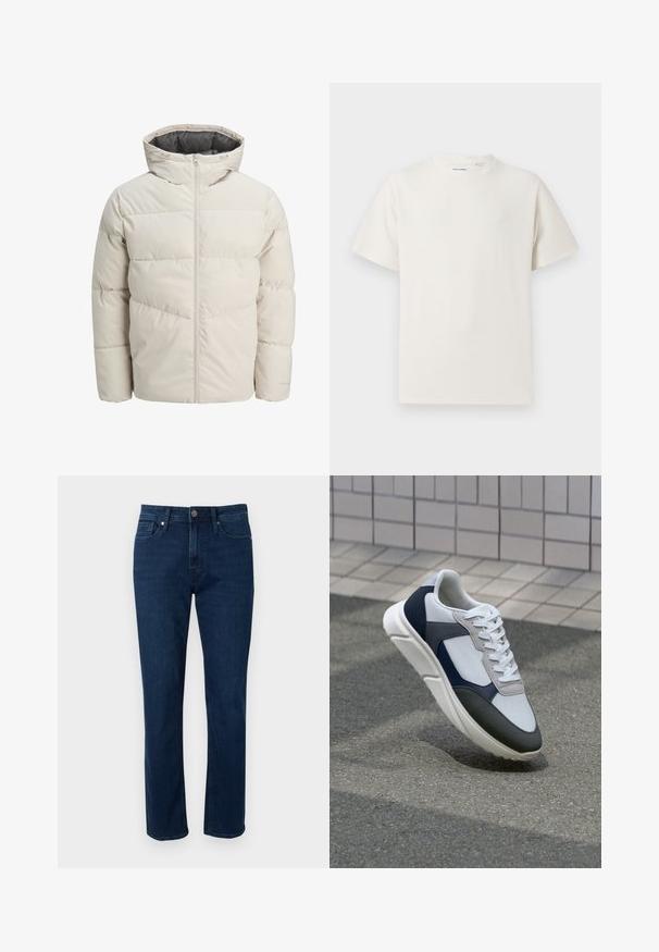 Padded jakna u svijetlosmeđoj boji s visokim ovratnikom i zatvaračem na munju. Ima kvadratni dizajn i elastične manžetne. Lagana tkanina.; Bijela kratka majica s kratkim rukavima u rebrastoj teksturi. Okrugli izrez, ležeran kroj, bez vidljivih uzoraka ili akcenta. Jednostavan i svestran dizajn.; Tamno plave traperice ravnog kroja s pet džepova, petljama za remen i metalnim kopčanjem na struku. Gladak materijal i klasičan dizajn.; Bijela, mornarsko plava i siva tenisica s dizajnom od miješanih materijala, koja ima teksturirani gornji dio, ravne vezice i udoban đon.