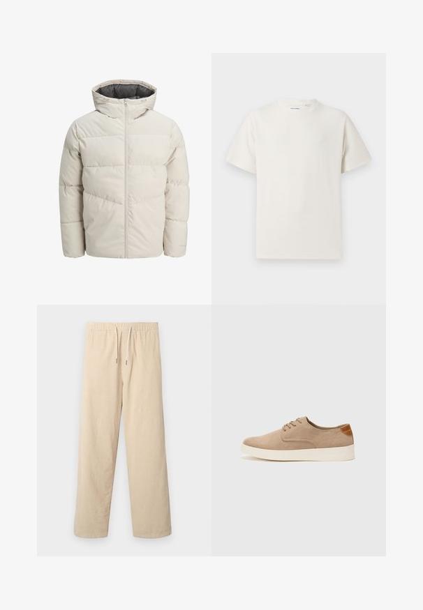 Leichte gepolsterte Jacke in hellbeige mit hohem Kragen und Reißverschluss. Verfügt über ein gestepptes Design und elastische Bündchen. Leichter Stoff.; Weißes T-Shirt mit kurzen Ärmeln in gerippter Textur. Runder Ausschnitt, lockere Passform, keine sichtbaren Muster oder Akzente. Einfaches und vielseitiges Design.; Beige Cordhosen mit elastischem Bund und Kordelzug, mit weitem Bein und vertikaler Rippstruktur.; Beige Wildleder-Sneaker mit runder Zehenpartie, Schnürung und strukturiertem Rückenteil. Die weiße Gummisohle sorgt für einen Kontrast. Einfaches und modernes Design.